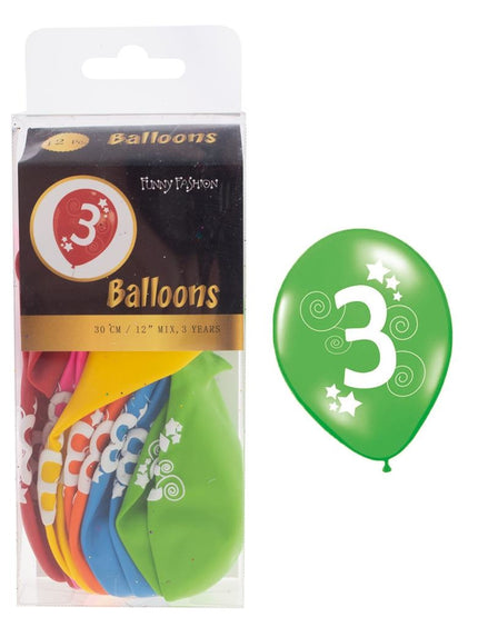 Cijfer 3 ballonnen in gemixte kleuren