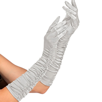 Handschoenen satijn plissé zilver
