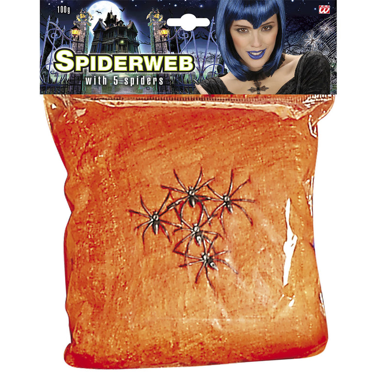 Spinnenweb oranje 100 gram met 5 spinnen