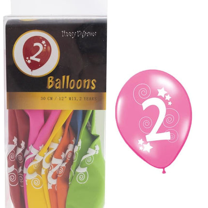 Cijfer 2 ballonnen in gemixte kleuren