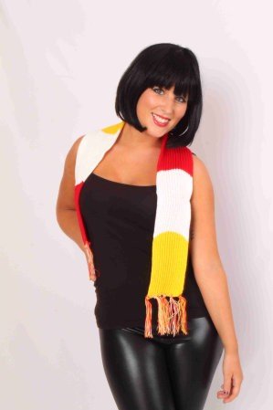 Sjaal gebreid rood/wit/geel 125 x 12 cm
