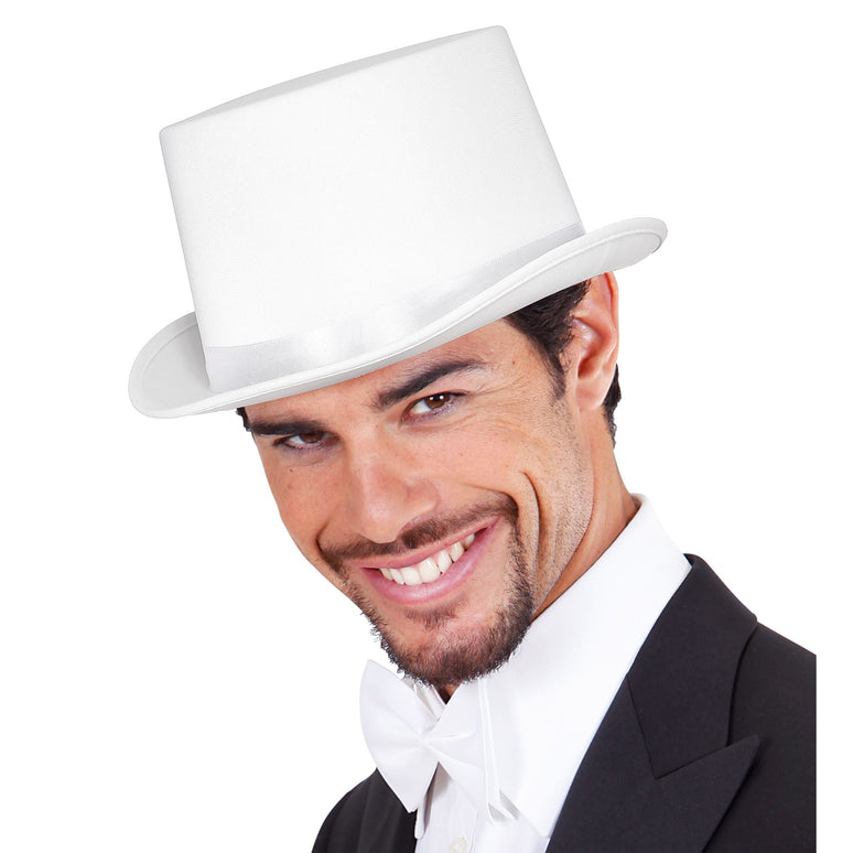 Witte hoge hoed met band