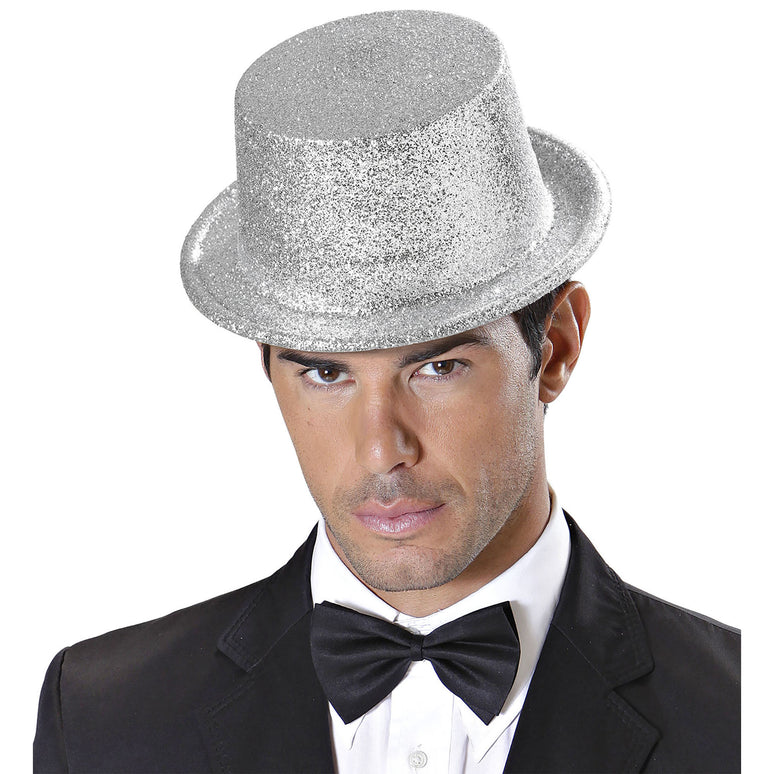 Glitter hoge hoed zilver