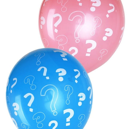 Geboorte ballonnen met vraagtekens blauw en roze