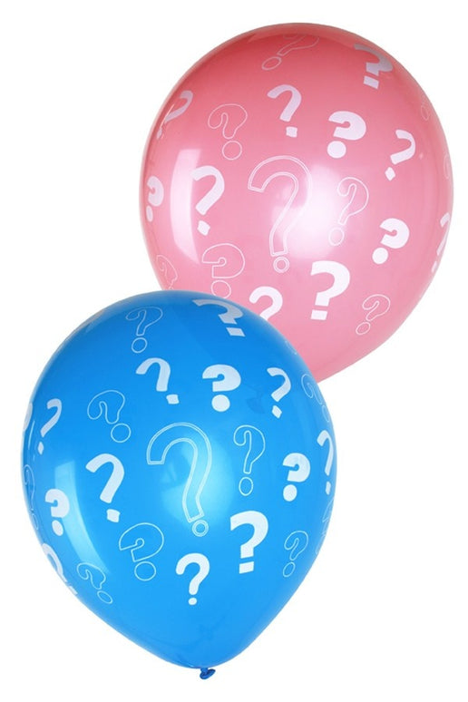 Geboorte ballonnen met vraagtekens blauw en roze