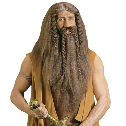 Viking pruik met baard en snor bruin