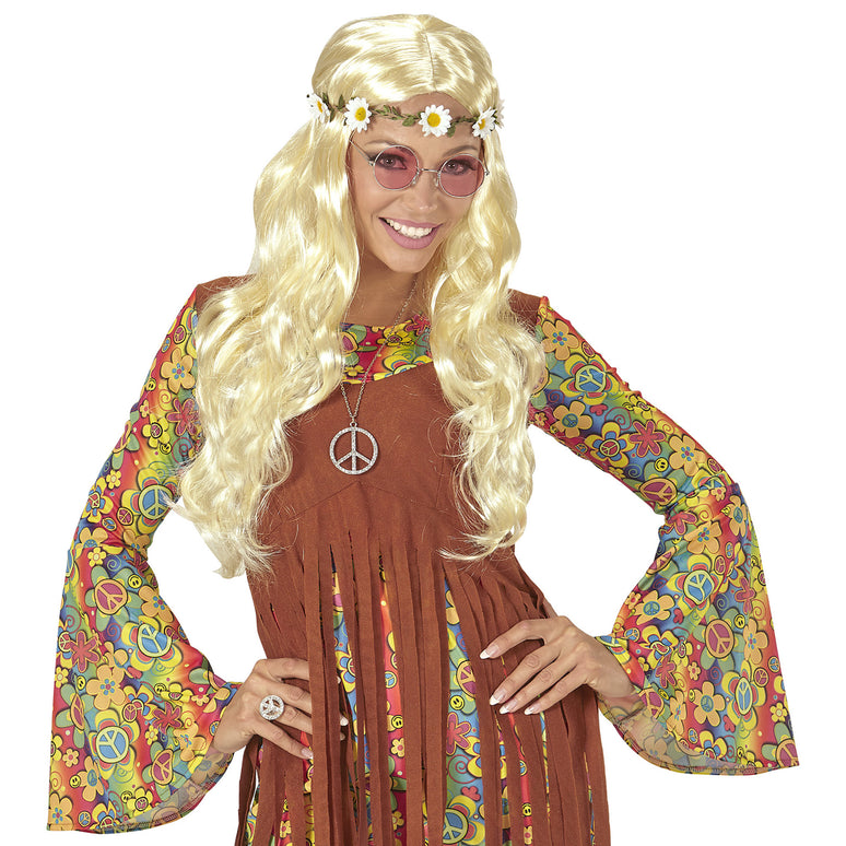 Blonde hippie pruik met margrietjes