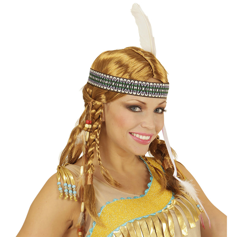 Pruik indiaan Chippewa met hoofdband en veer
