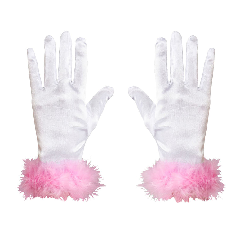 Handschoen wit met roze marabou