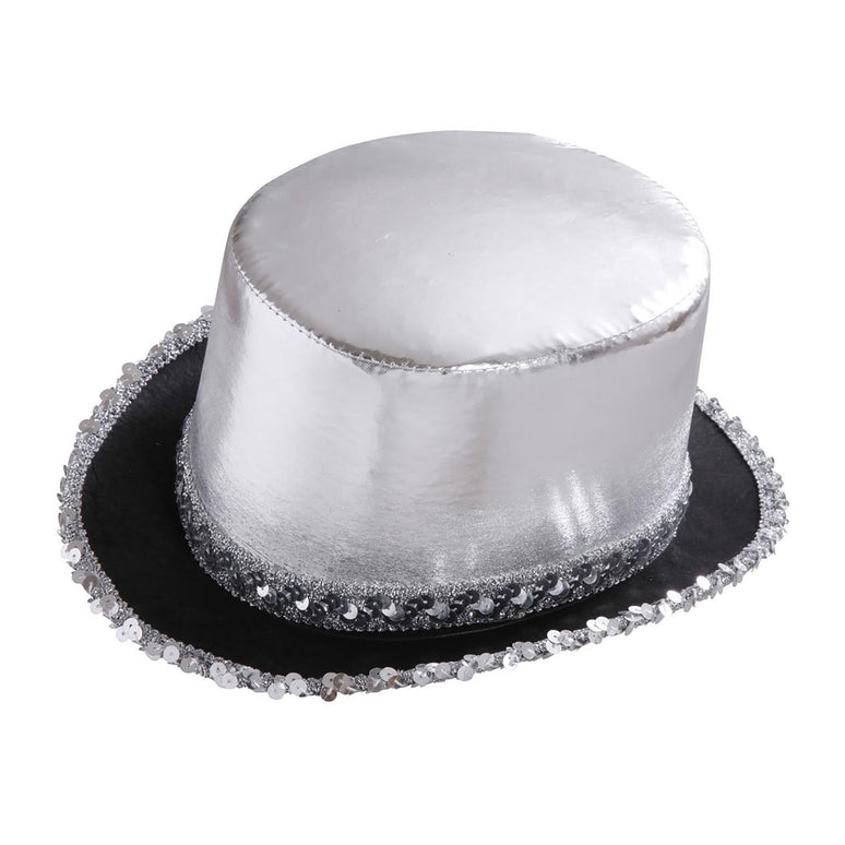 Zilveren hoge hoed met pailletten beslag