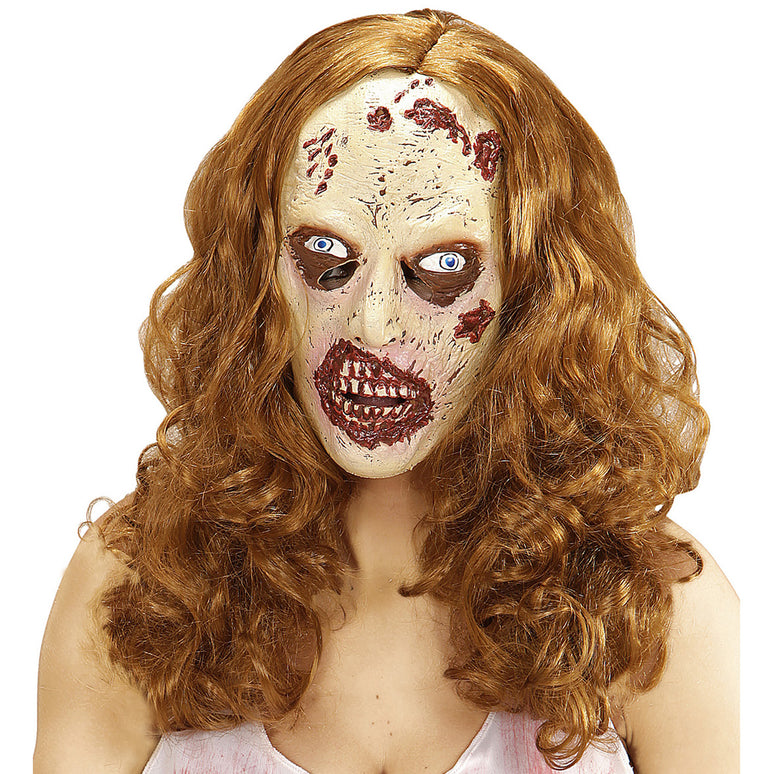 Zombie masker met pruik lang haar bruin
