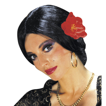Spaanse pruik Flamenco met bloem vrouw