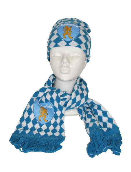 Beierse feestmuts met sjaaltje in blauw-witte ruiten, met gouden leeuw en franjes, voor Oktoberfest