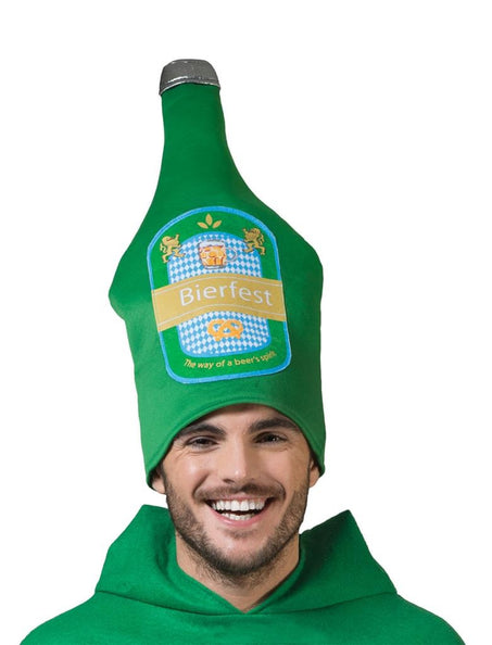 Bier hoed Bierfest groen in bierflesvorm met Beiers label, pretzel en zilveren dop voor Oktoberfest