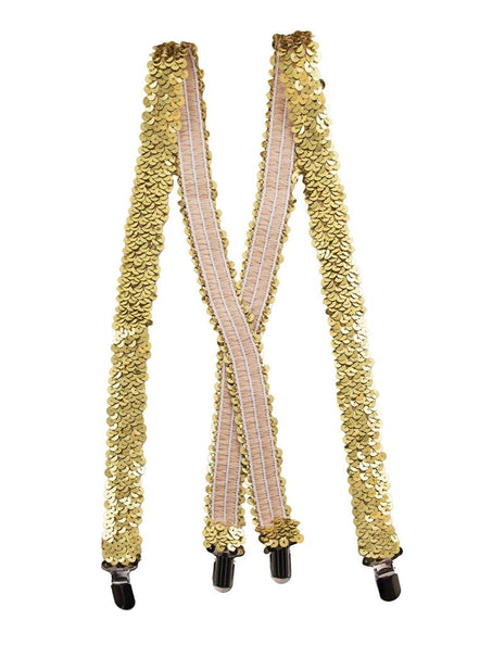 Bretels met pailletten in goud in X-vorm, met beige achterkant, witte stiksels en vier metalen clips