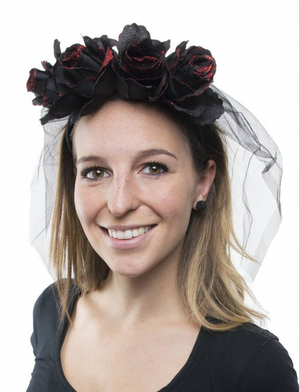 Funny Fashion Doodsbruid hoofdband met zwarte rozen en sluier