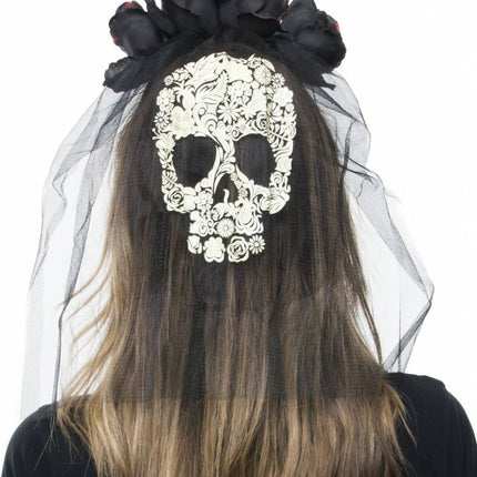 Funny Fashion Doodsbruid hoofdband met zwarte rozen en sluier