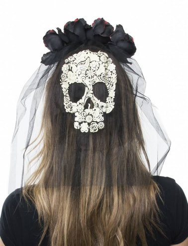 Funny Fashion Doodsbruid hoofdband met zwarte rozen en sluier