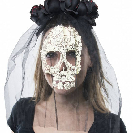 Funny Fashion Doodsbruid hoofdband met zwarte rozen en sluier