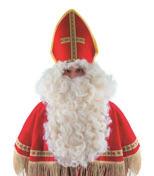 Mijter Sinterklaas in rood polyester met gouden bies en kruis met rode ruitjes, voor een sinterklaasviering