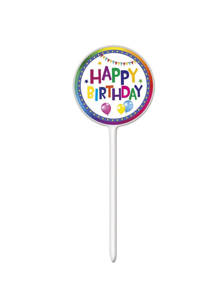 Party prikker Happy Birthday met rond schijfje, regenboogrand, ballonnen en vlaggenlijn op een witte steel