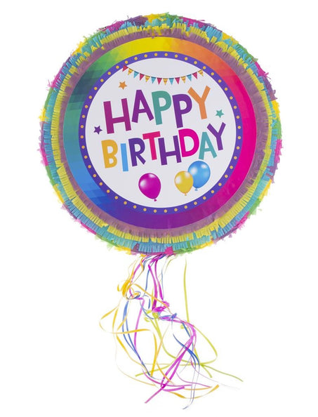 Pinata Happy Birthday rond met regenboogfranjes, ballonnenprint en gekleurde linten voor een verjaardagsfeest