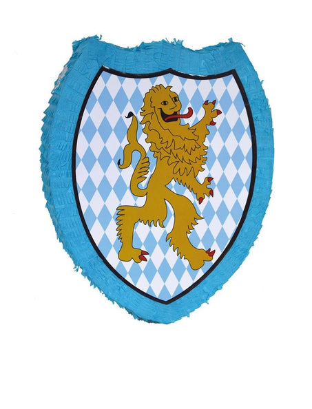 Pinata Oktoberfeest in wapenschildvorm met lichtblauw-witte ruiten en gouden Beierse leeuw voor Oktoberfest