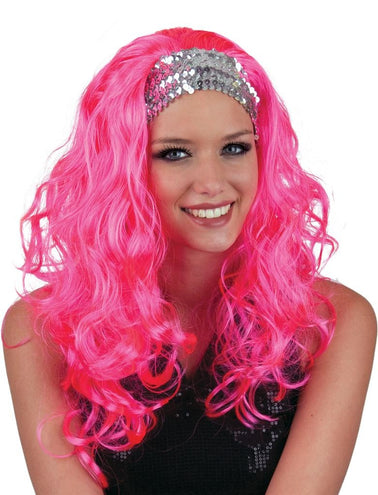 Funny Fashion Pruik go go roze met zilveren haarband