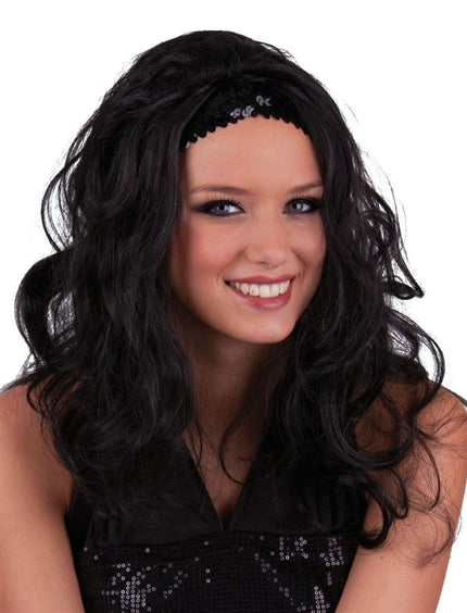Funny Fashion Pruik go go zwart met zwarte haarband