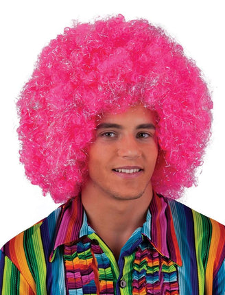 Funny Fashion Roze / Zilveren afro pruik