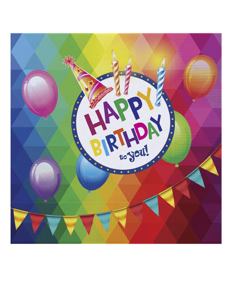 Servetten Happy Birthday met ballonnen, kaarsjes en vlaggenlijn op een regenboogpatroon van ruiten voor een verjaardag