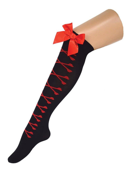 Funny Fashion Zwarte knie kousen met rode botjes