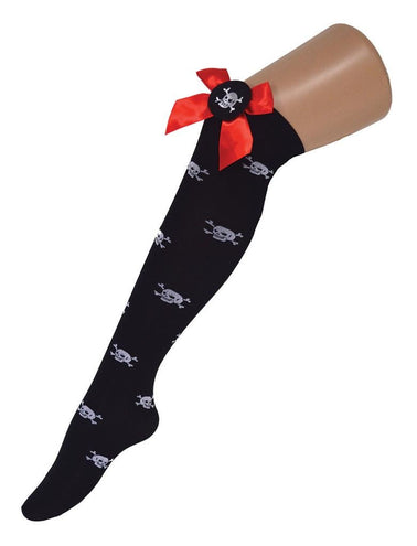 Funny Fashion Zwarte kniekous met doodskoppen en rode strik