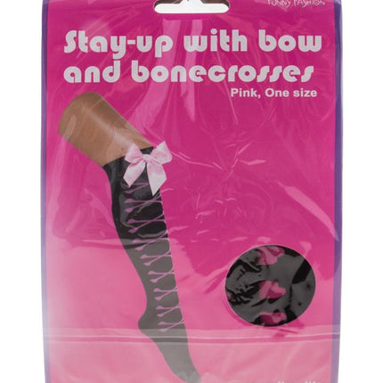 Funny Fashion Zwarte kniekous met roze botjes en roze strik