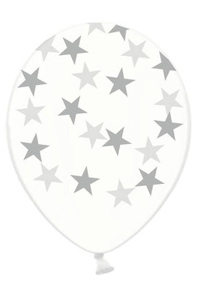 PartyXplosion Doorzichtige ballonnen met zilveren sterren 30cm