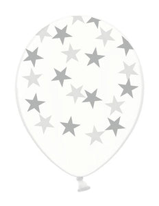 PartyXplosion Doorzichtige ballonnen met zilveren sterren 30cm