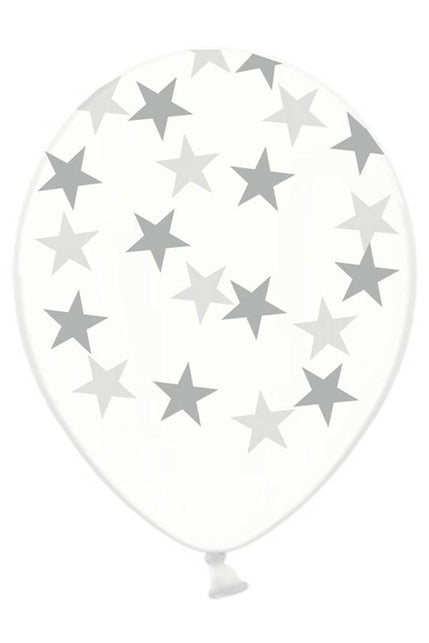 PartyXplosion Doorzichtige ballonnen met zilveren sterren 30cm