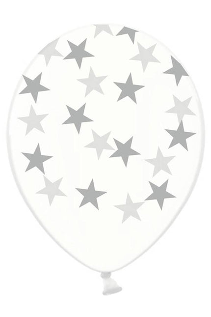 PartyXplosion Doorzichtige ballonnen met zilveren sterren 30cm