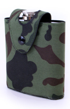 PartyXplosion Drinkflesje roestvrijstaal in camouflagetasje 177 ml.