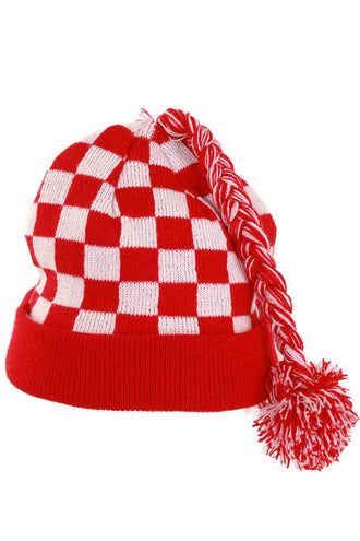 PartyXplosion Gebreide muts geblokt rood wit