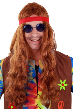 PartyXplosion Hippie pruik Jay lang haar bruin met hoofdbandje
