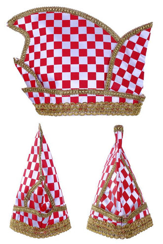 PartyXplosion Prinsenmuts rood/wit geblokt goud galon