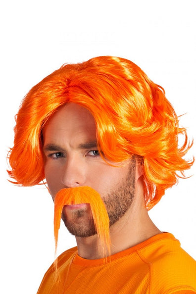 PartyXplosion Pruik chuck met snor oranje