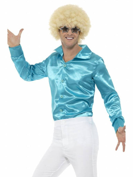 Smiffys Blauw glanzend disco shirt heren Maat Medium