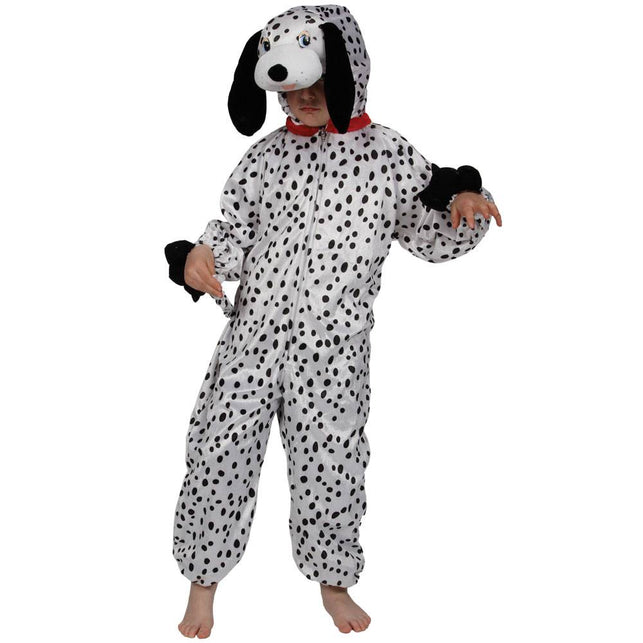 Dalmatier pak kind, witte onesie met zwarte stippen, rode halsband en capuchon met hondenkop