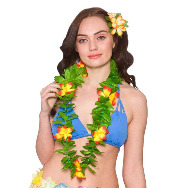 Wicked Costumes Hawaii krans met groene bladeren en bloemen