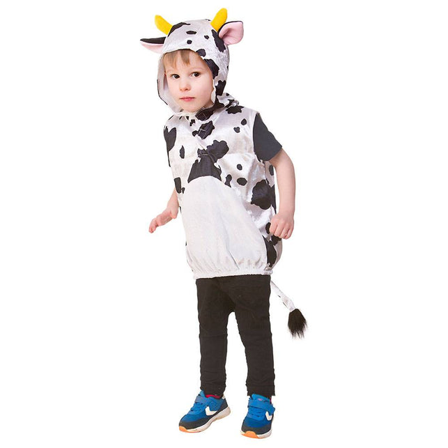 Koeienpak Evy voor kinderen, wit hesje met zwarte vlekken, staart en muts met oren en hoorntjes