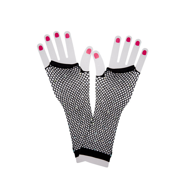 Wicked Costumes Lange net handschoenen met diamanten Mirte zwart