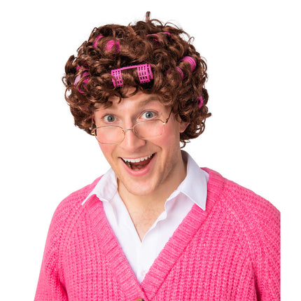 Wicked Costumes Oma pruik met rollers bruin