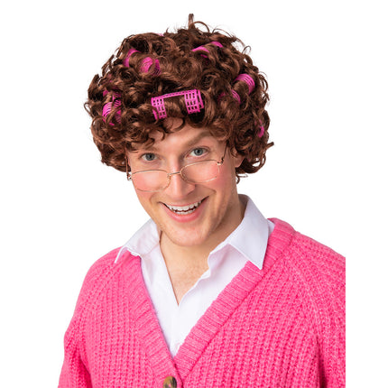 Wicked Costumes Oma pruik met rollers bruin